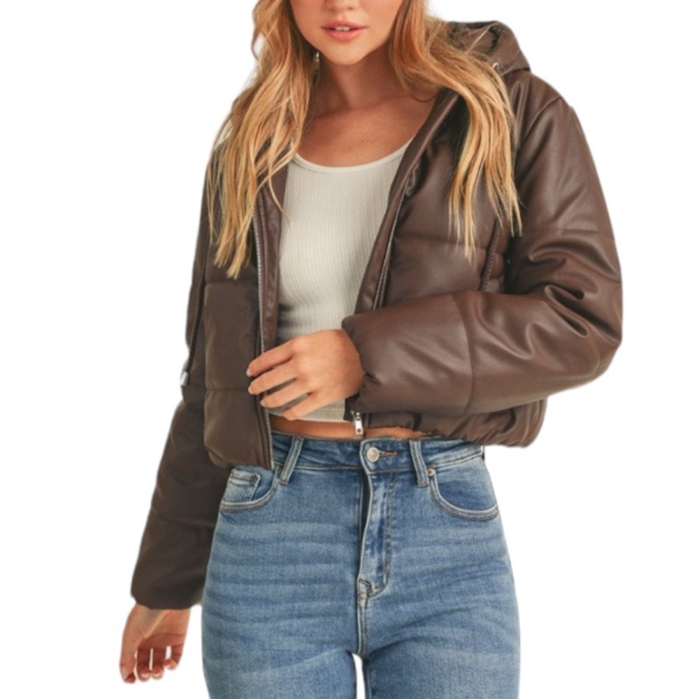 VEGAN LEATHER HOODED PUFFER JACKET - COFFEE - Picture 4 of 6